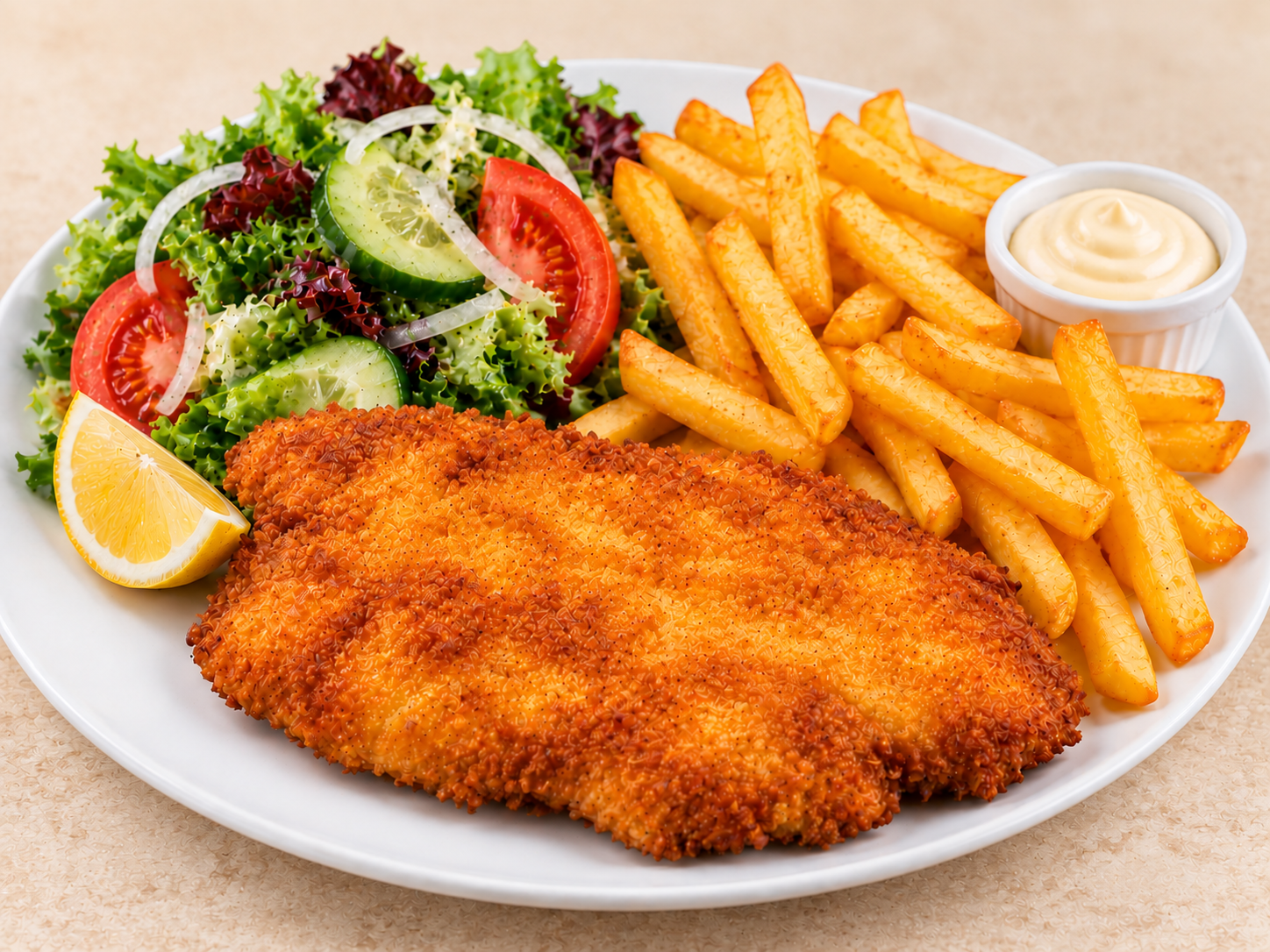 Chickenfilet mit Pommes und Salat