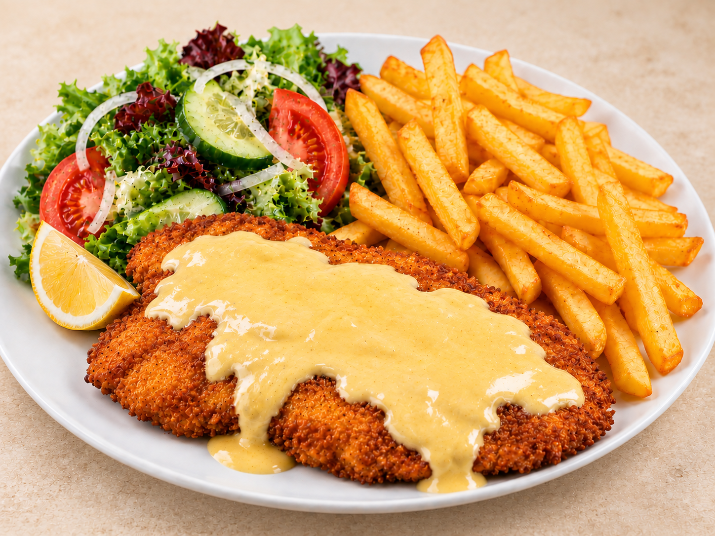 Schnitzel mit Sauce Hollandaise, Pommes und Salat